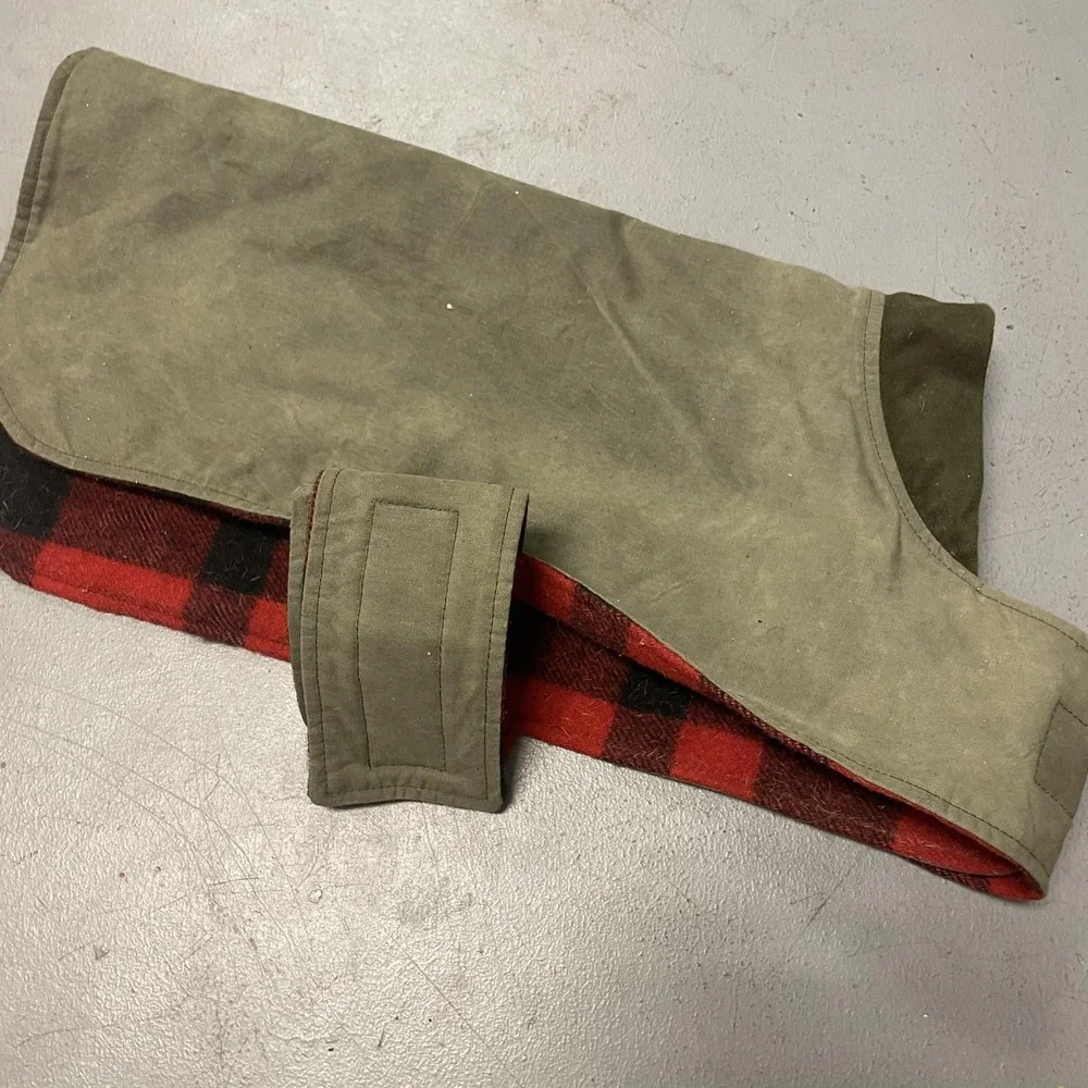 Filson Dog Coat Jacket Green Waxed Canvas Red Plaid Wool Blend Warm Tin Cloth